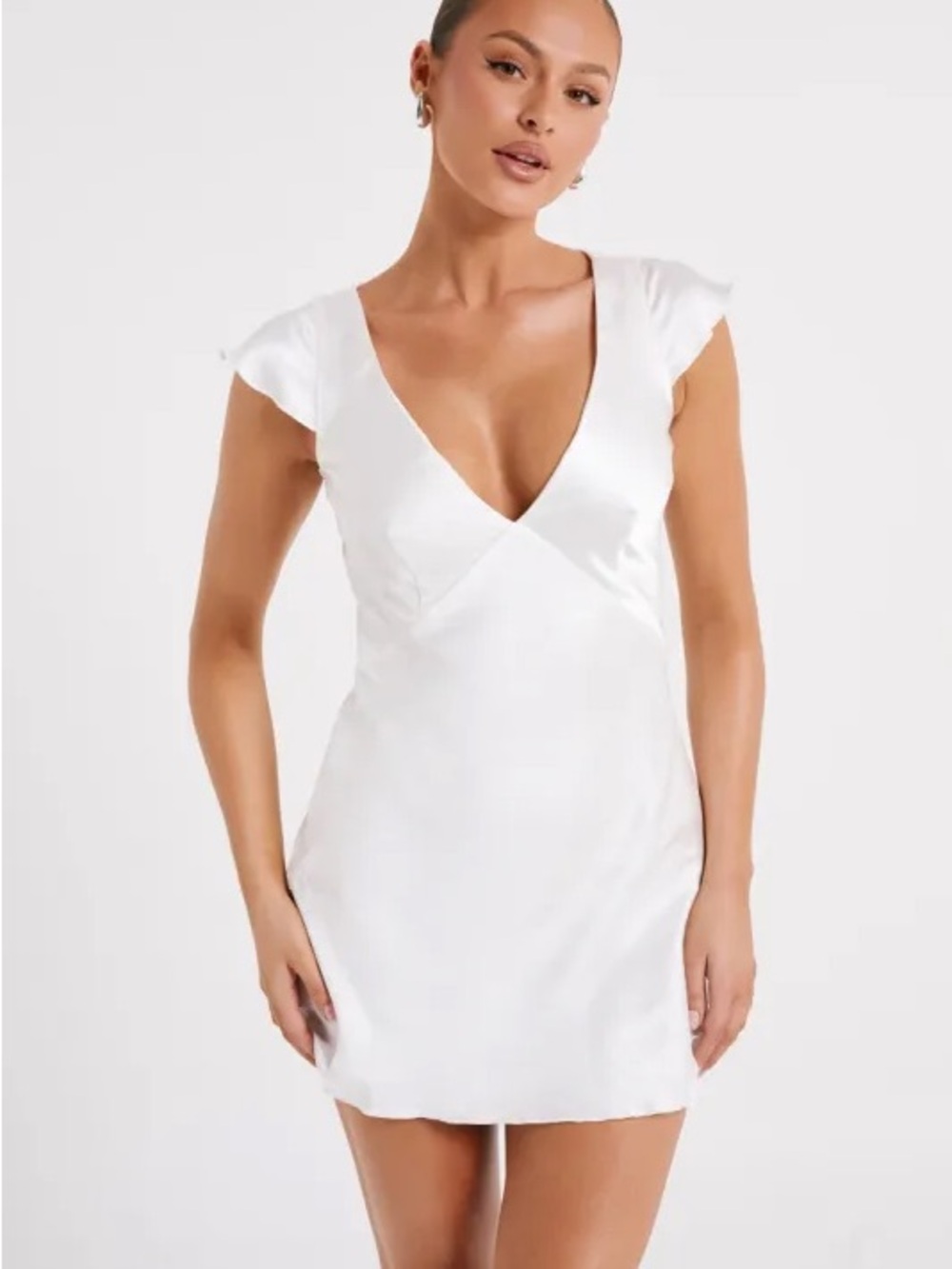 Meshki Tessa Satin V-Neck Mini Dress in Ivory